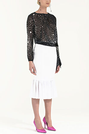 Beyaz Yüksek bel volan etek 80899 | 40