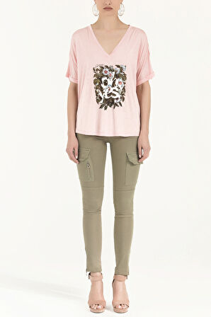 Pembe Krem Baskılı V yaka bluz 19583 | 42