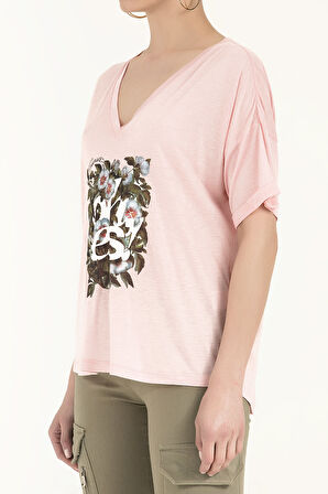 Pembe Krem Baskılı V yaka bluz 19583 | 42