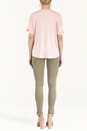 Pembe Krem Baskılı V yaka bluz 19583 | 42