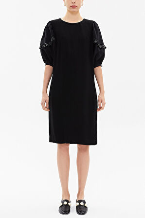 Siyah Balon kol bol kesim midi elbise 92048 | S