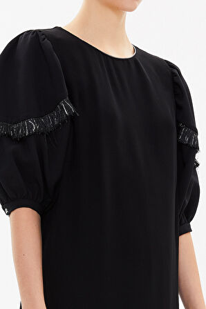 Siyah Balon kol bol kesim midi elbise 92048 | S