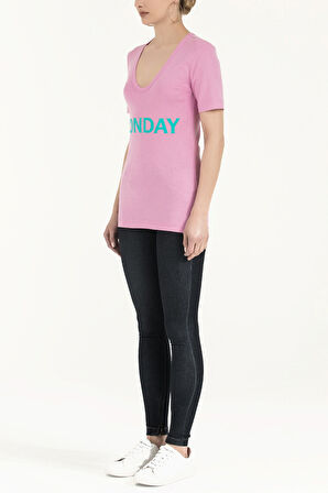 Pembe V yaka baskılı örme bluz 19594 | 44