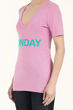 Pembe V yaka baskılı örme bluz 19594 | 44