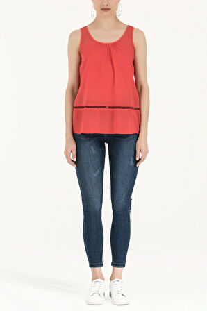 Kırmızı Nakışlı kolsuz koton bluz 19620 | 44