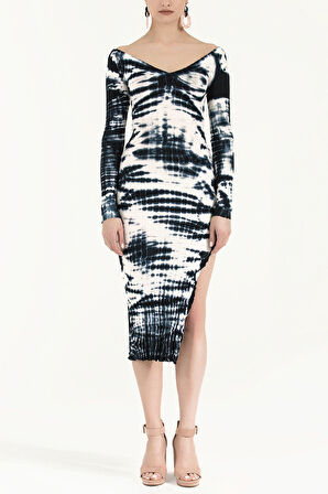 Beyaz Kayık yaka degrade  örme midi elbise 92120 | 42