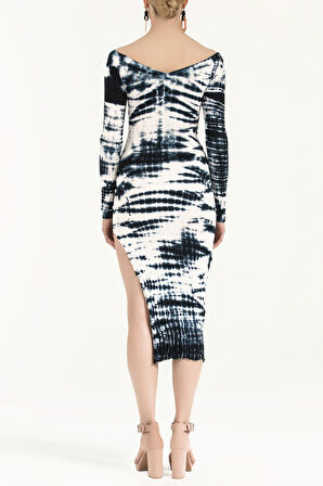 Beyaz Kayık yaka degrade  örme midi elbise 92120 | 42