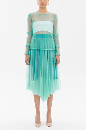 Yeşil Kolları büzgülü tül bluz 19657 | S