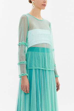 Yeşil Kolları büzgülü tül bluz 19657 | S