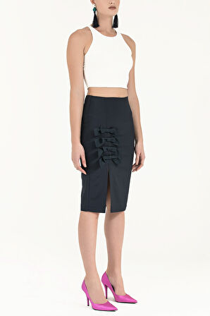 Lacivert Fiyonk aksesuarlı kalem etek 80997 | 42