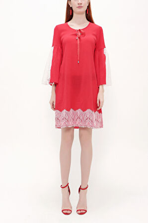 Kırmızı Dantelli ve bağcıklı mini elbise 92332 | 40