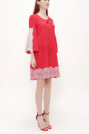 Kırmızı Dantelli ve bağcıklı mini elbise 92332 | 40