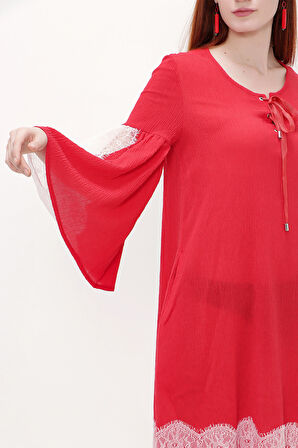 Kırmızı Dantelli ve bağcıklı mini elbise 92332 | 40