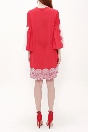 Kırmızı Dantelli ve bağcıklı mini elbise 92332 | 40