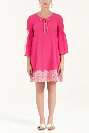 Pembe Dantelli ve bağcıklı mini elbise 92332 | 40