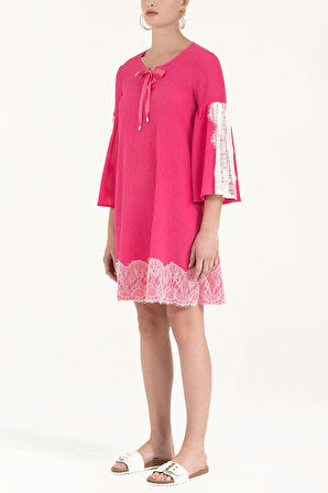 Pembe Dantelli ve bağcıklı mini elbise 92332 | 40
