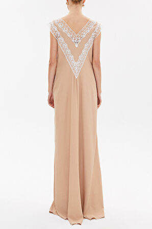 Somon V yaka dantelli uzun elbise 92254 | 44