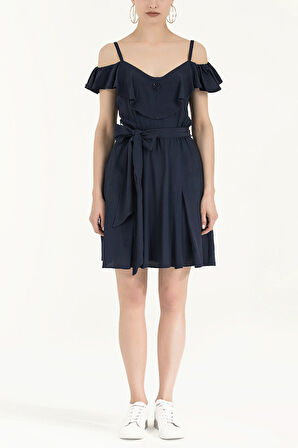 Lacivert Yakası volanlı askılı mini elbise 92356 | 44