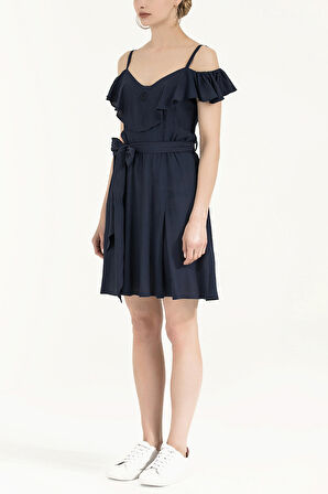 Lacivert Yakası volanlı askılı mini elbise 92356 | 44