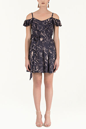 Somon Yakası volanlı askılı mini elbise 92356 | 44