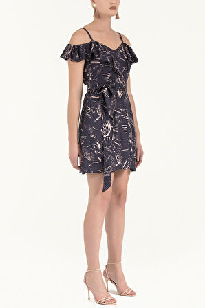 Somon Yakası volanlı askılı mini elbise 92356 | 44