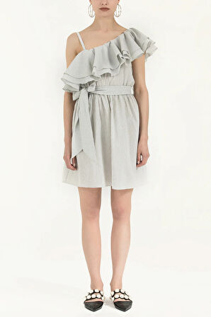 Siyah Beyaz Tek omuz volanlı mini elbise 92345 | 44