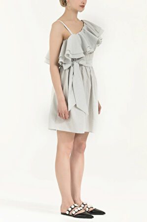 Siyah Beyaz Tek omuz volanlı mini elbise 92345 | 44