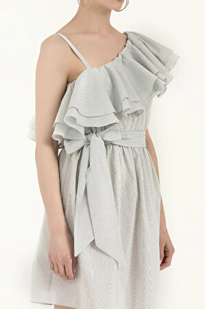 Siyah Beyaz Tek omuz volanlı mini elbise 92345 | 44