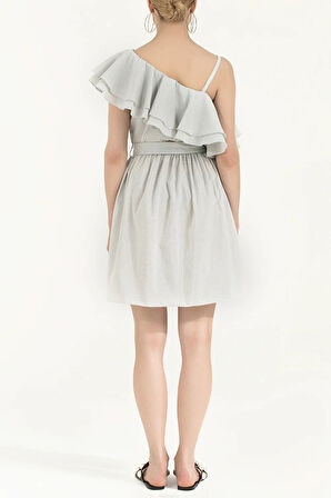 Siyah Beyaz Tek omuz volanlı mini elbise 92345 | 44