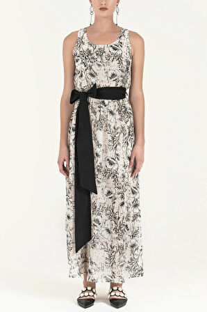 Ekru Kemerli desenli uzun elbise 92316 | 40