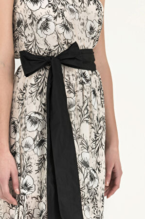 Ekru Kemerli desenli uzun elbise 92316 | 40