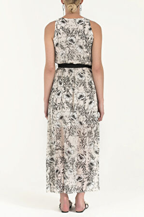 Ekru Kemerli desenli uzun elbise 92316 | 40