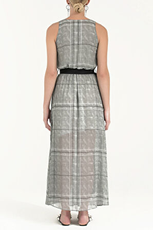 Ekose Kemerli desenli uzun elbise 92316 | 42