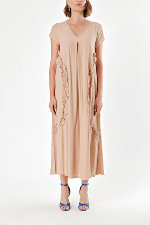 Bej V Yaka Fırfırlı Elbise  92284 | M