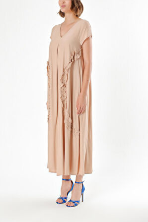 Bej V Yaka Fırfırlı Elbise  92284 | M