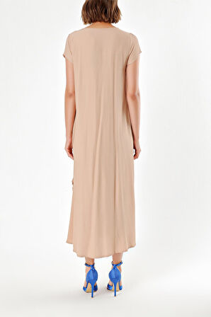 Bej V Yaka Fırfırlı Elbise  92284 | M