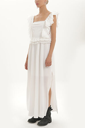 Beyaz Dantelli ve fırfırlı uzun elbise 92328 | 40