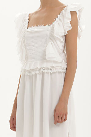 Beyaz Dantelli ve fırfırlı uzun elbise 92328 | 40