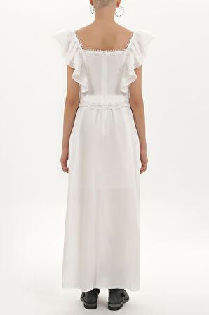 Beyaz Dantelli ve fırfırlı uzun elbise 92328 | 40