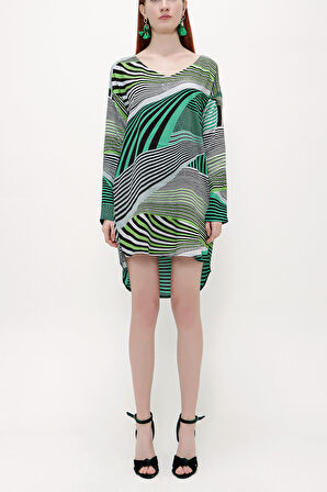 Yeşil V yaka bol kesim mini  elbise 92365 | 42