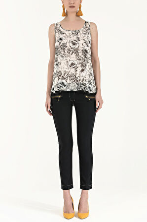 Ekru Desenli bol kesim kolsuz bluz 19692 | 44