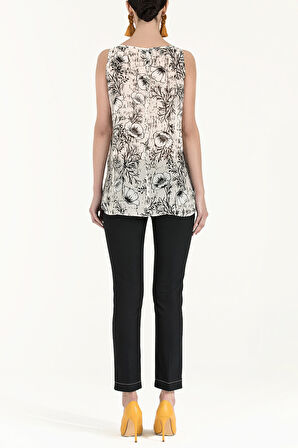 Ekru Desenli bol kesim kolsuz bluz 19692 | 44