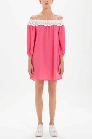 Pembe Düşük omuz dantelli mini elbise 92307 | 40