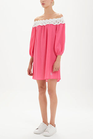 Pembe Düşük omuz dantelli mini elbise 92307 | 40