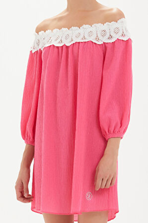 Pembe Düşük omuz dantelli mini elbise 92307 | 40