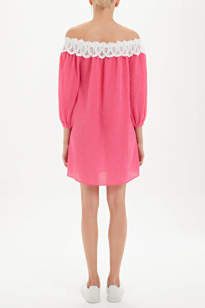 Pembe Düşük omuz dantelli mini elbise 92307 | 40