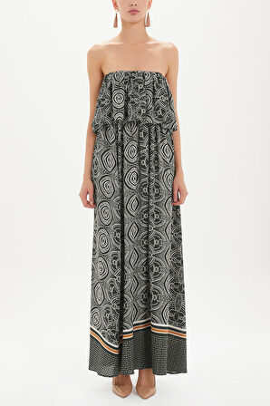 Yeşil Straplez volanlı uzun elbise 92331 | 42