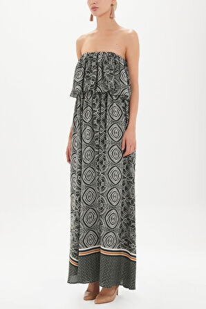 Yeşil Straplez volanlı uzun elbise 92331 | 42