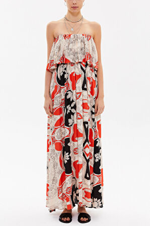 Bej Straplez volanlı uzun elbise 92331 | 42