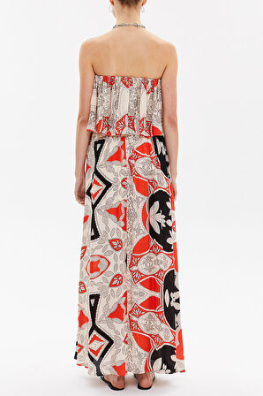 Bej Straplez volanlı uzun elbise 92331 | 42